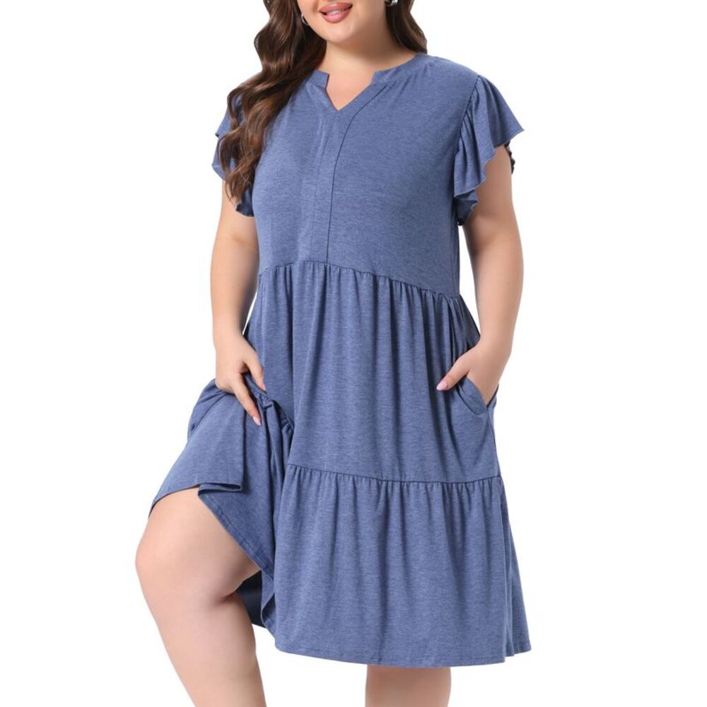 Women Plus Size Ruffle Sleeve V Neck Tiered Midi Dresses Navy Blue